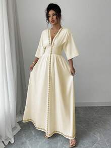 Rafferiza 优雅派对女士中东风情花卉图案露背半袖连衣裙 - 杏色 - 查看 4