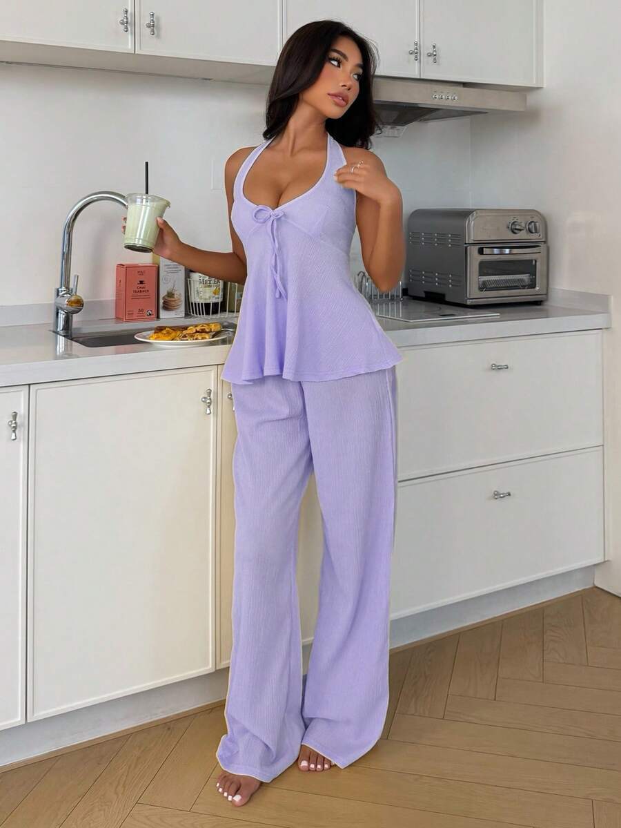ZzzCrew Solid Color Jacquard Pajama Pants Set - Purple - View 1