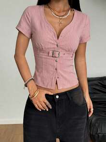 StreetHx Women's Spring Casual Striped Metal Decor Button-Up Short Sleeve Shirt - Pink - View 5