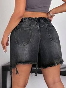 SHEIN EZwear 大码女式休闲日常穿搭做旧口袋纽扣牛仔短裤 - 黑色 - 查看 2