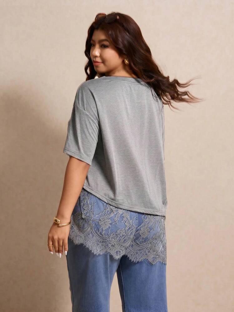 Elaquor Plus Size Lace Patchwork Asymmetric Hem T-Shirt - Grey - View 2