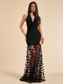 SHEIN BAE CURVE Plus Size Women's Black Jacquard Long Dress - Black - View 2