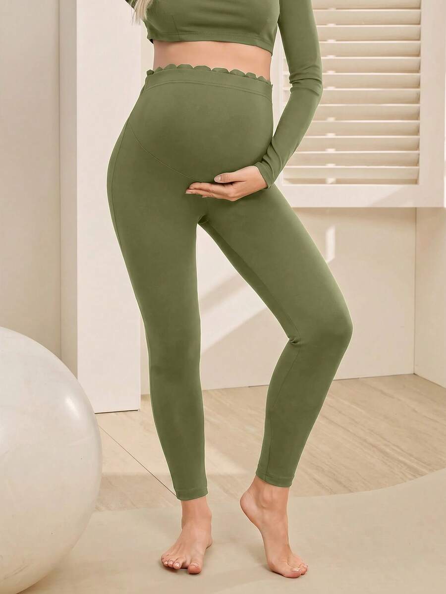 GentleRue Maternity 孕婦高腰素色修身長褲,運動休閒褲 - 綠色 - 查看 1
