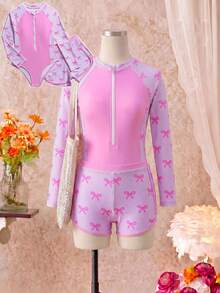 SHEIN Tween Girl Pink And White Striped Swimwear,Cute Patchwork Bow Print Long Sleeve&Shorts 2 Pieces Rash Guard Set,Summer Beach Holiday Bathing Suits - Pink - View 3
