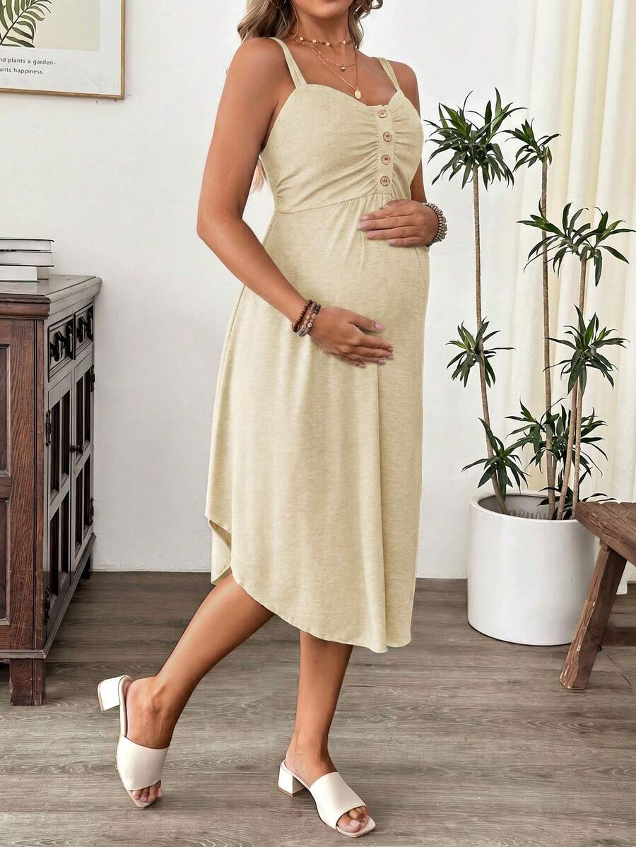 Cheriluna Maternity Maternity Solid Color Ruched Button Design Nursing Slip Dress - Apricot - View 1