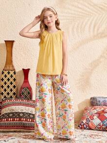 SHEIN Bộ 2 món cho bé gái tuổi teen: áo blouse không tay cổ tròn dáng rộng in hoa hồng và quần ống rộng, phong cách đi nghỉ dưỡng - Màu vàng - Xem 4