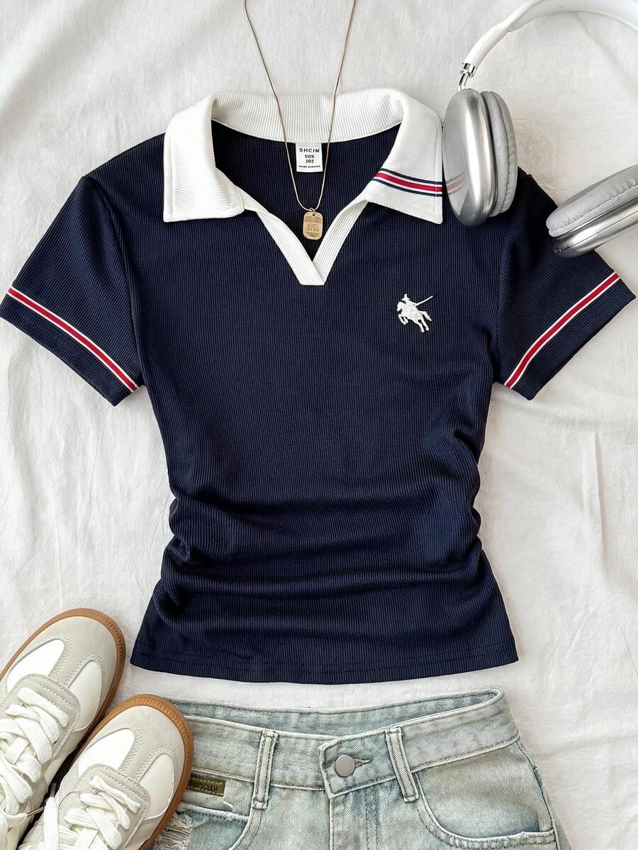 SHEIN 少女款海军蓝白领针织休闲撞色修身短款上衣,带小号Logo刺绣 - 藏蓝色 - 查看 1