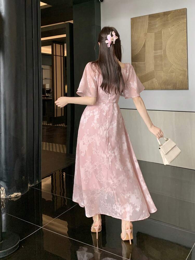 Elegant Cinched Waist Petal Sleeve Casual Long Dress For Women, Spring & Summer
