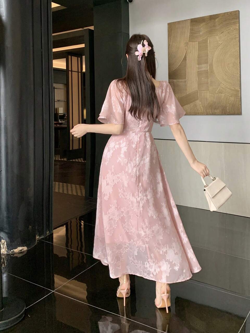 Elegant Cinched Waist Petal Sleeve Casual Long Dress For Women, Spring Summer Tea Party Pink Sundress
