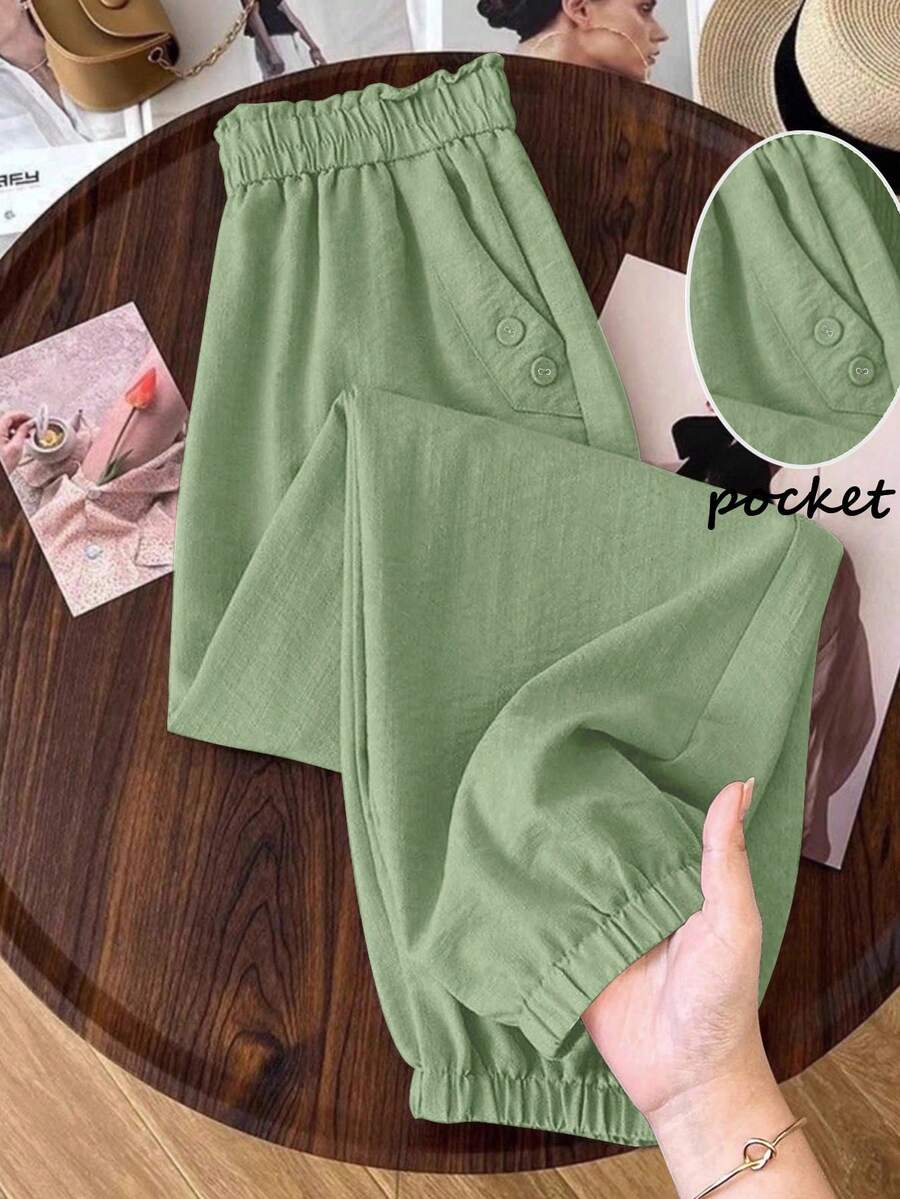 Linhara Damen Lässig Hose in Unifarbe mit Tunnelzug Taille und Papiertragetasche-Stil, Große Größen - Grün - Übersicht 1