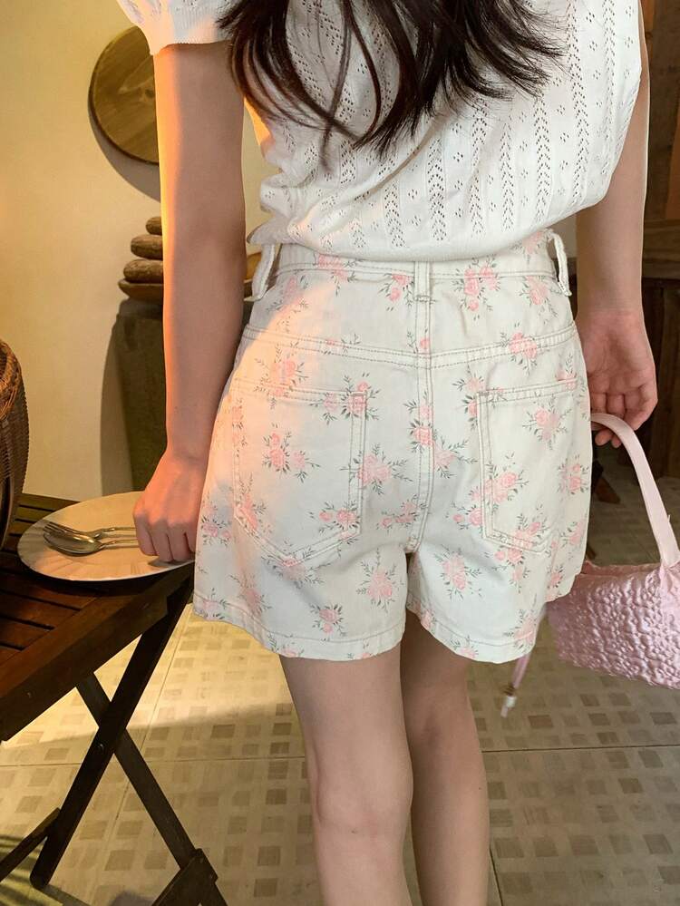 Women's Floral Print Button Denim Skort, Suitable For Dates And Vacations