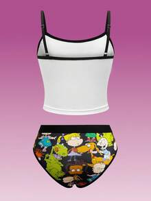 Nick 90s | SHEIN Women Comfortable Cute Cartoon Pattern Trim Camisole And Panty Set - Black and White - View 2