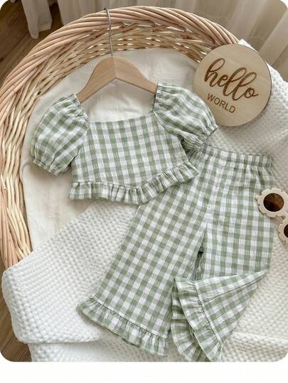 SHEIN Babygirl Cute Plaid Short Sleeve Top And Pants Set, Summer