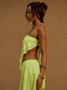 MUSERA Top asimétrico con sobrefalda de lino para Ibiza, vacaciones, playa, Isla Blanca, top tubo con pañuelo, tops de festival, salida, fiesta, elegante para primavera y verano, despedida de soltera - Verde Lima - Ver 2