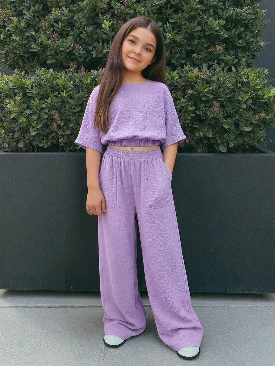 Firerie Kids Setelan 2 Potong untuk Liburan Kasual dan Modis Anak Perempuan Remaja: Atasan Lengan Pendek Longgar Leher Bulat Warna Polos + Celana Panjang - Mauve Purple - View 1