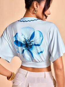 Glamance Vecteezy Women's Floral Print Pleated Casual Sexy Versatile Daily Wear Short Sleeve Top Vacation Light Blue Summer - Blue - View 2