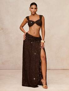 Lumalex Áo tank top ngắn nữ sexy đính sequin nhún bèo, phong cách đi biển/du lịch - màu nâu - Xem 4