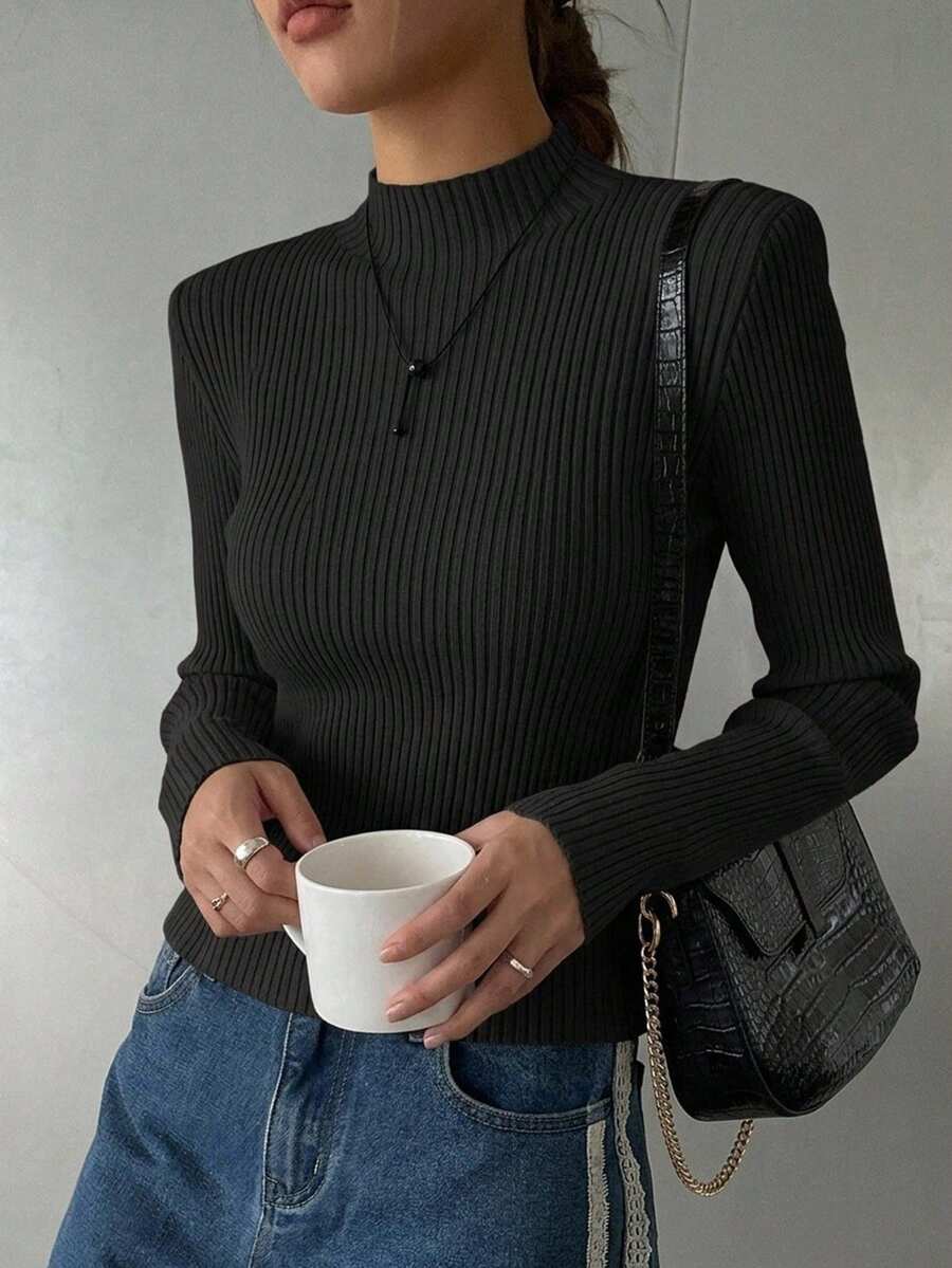 DAZY Women's Solid Stand Collar Long Sleeve Casual Business Pullover Sweater For Fall,Long Sleeve Tops - Black - View 1