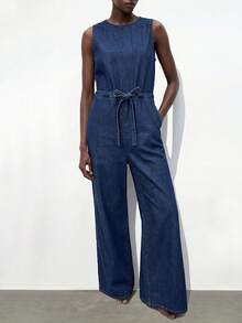 Maija Bộ jumpsuit denim ống rộng không tay, cạp chun, dáng rộng, thoải mái dành cho nữ mùa hè. - Màu xanh lam - Xem 4