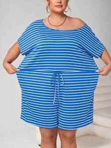 SHEIN CURVE+ 大码女式连体裤，休闲条纹连体裤，夏季女式连衣裙连身裤，短裤女式连体裤 - 藏蓝色 - 查看 6