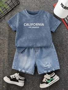 Bộ đồ 2 món cho bé trai mùa hè, gồm áo thun và quần short denim kiểu dáng thường ngày. - Nhiều màu - Xem 10