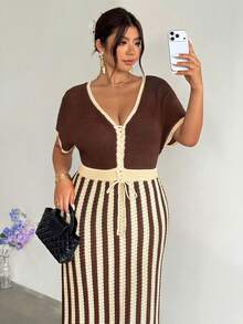 Firerie Plus Size Deep V-Neck Contrast Stripe Print Short Sleeve Sweater Dress, Summer Fall - Coffee Brown - View 6