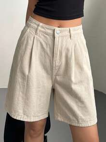 DAZY High Waist Plicated Detail Wide Leg Denim Shorts Jorts - Beige - View 10