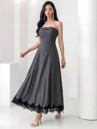 Heiryn Women's Striped Bandeau Casual Party Long Dress