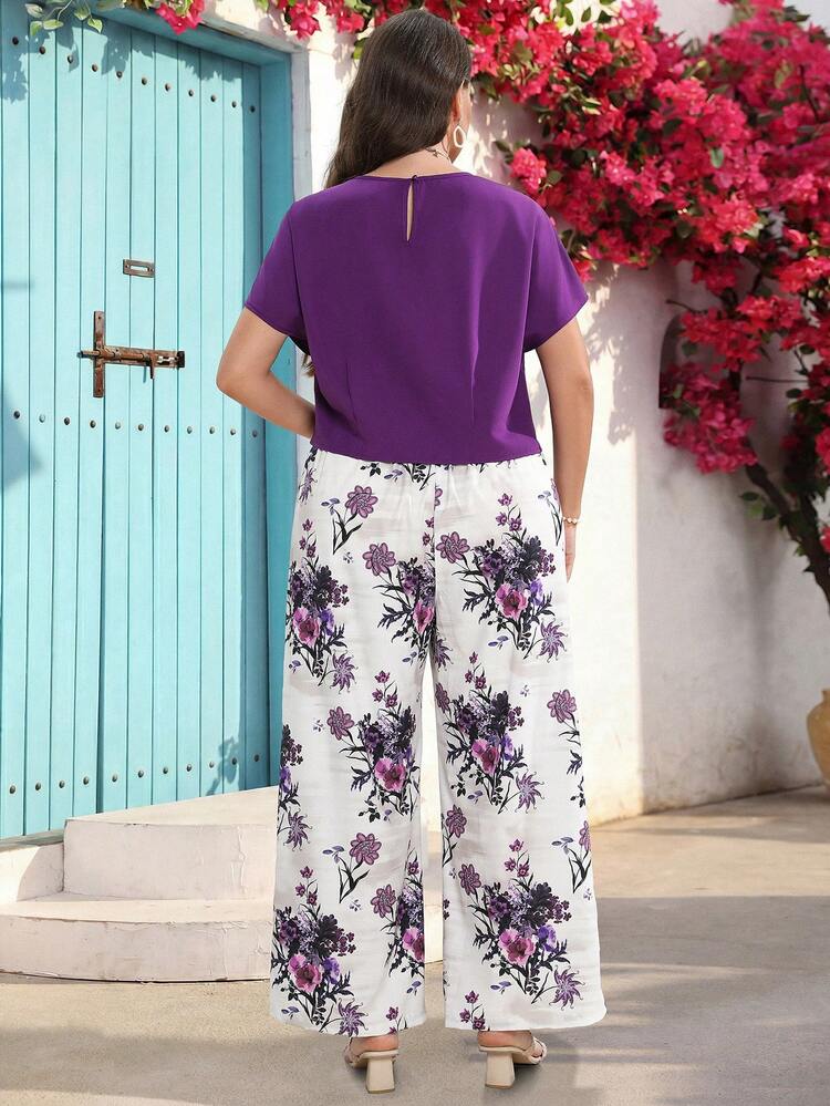 Plus Size Women's Spring Casual Vacation Round Neck Short Sleeve Solid Color Cropped Top And Pants 2-Piece Set