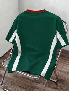 Manfinity Joysei Men's Contrast Color Round Neck Short Sleeve Casual T-Shirt, Versatile For Summer, Holiday - Dark Green - View 2