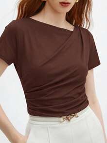 BizChic Women's Dark Brown Summer Elegant Office T-Shirt,Asymmetrical Shoulder Design Ruched Short Sleeve Tee,Versatile For Casual,Commute,Party,Beach,Wedding - Brown - View 2