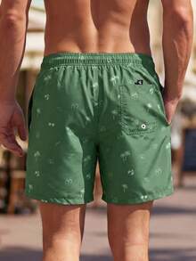 Manfinity KASUA Men's All-Over Print Patch Pocket Drawstring Waist Beach Shorts, Holiday - Olive Green - View 2
