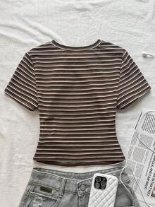 SHEIN 青少年女孩休閒日常百搭舒適圓領短袖側抽褶T恤 - 彩色 - 查看 4
