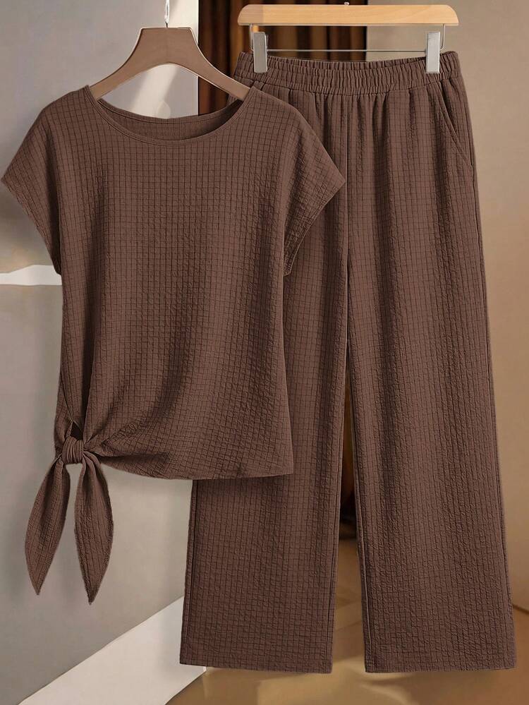 SHEIN Clasi Women's Tie Bow Blouse And Straight Leg Pants 2 Pieces Set, Deep Brown - Brown - View 3