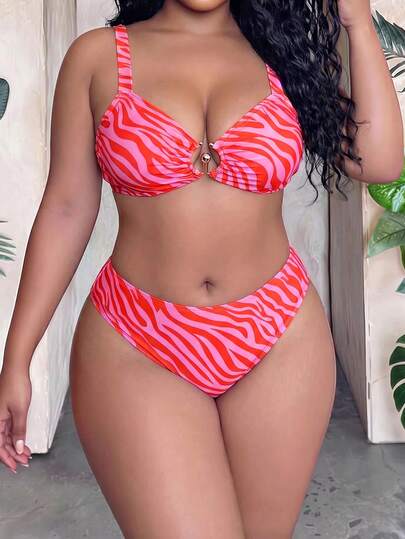 Slaydiva 2026 New Spring/Summer Plus Size Women Pink Young Hollow Out Strap Top & Triangle Bottoms Sexy Beach Party Swimsuit Set