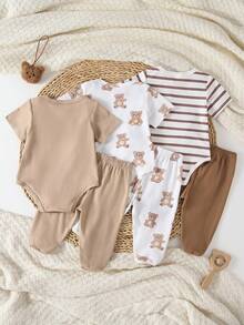 SHEIN Playful Pals 6件/3套新生儿短袖连体衣裤套装，柔软针织面料，可爱小熊图案 - 彩色 - 查看 2