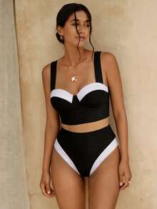 Swim Chiccia Bộ đồ bơi bikini hai mảnh kiểu tank top có gọng cho nữ mùa hè, bộ đồ bơi bikini cạp cao - Đen và trắng - Xem 1