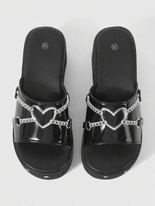ROMWE Grunge Punk Sandal cao gót nữ đế bánh mì tăng chiều cao 2026 mẫu mới, PU tối màu, đính xích tình yêu, phong cách sang chảnh, gót cao muffin, phối chân váy, dép siêu hot cho nữ mặc mùa hè - màu đen - Xem 3