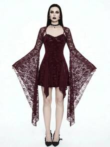 Glisette Romantic Rose Floral Lace Oversized Flare Sleeve Blouse For Women - Burgundy - View 6