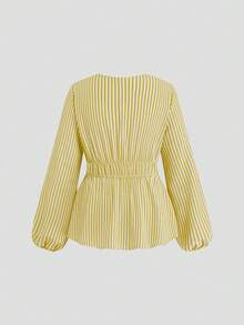 Sweetra Blusa casual de talla grande para mujer con mangas farol, cintura ceñida y lazo delantero a rayas - Amarillo - Ver 2