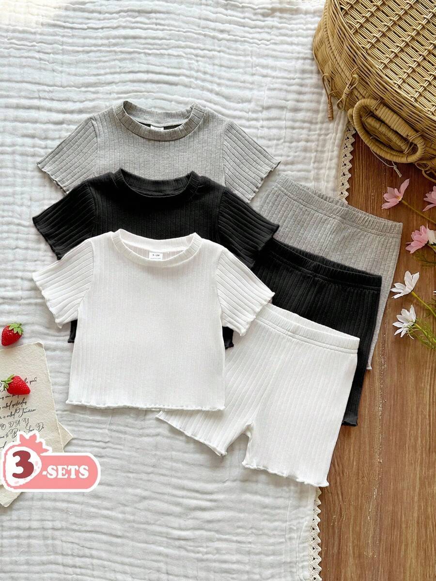 SHEIN Vintaside Kids 6件套女婴休闲纯色针织短袖上衣和松紧腰短裤 - 彩色 - 查看 1