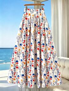 SHEIN Franclia Fresh Pastoral Style Colorful Floral Print High-Waist Midi Skirt Vacation Outfits Women Summer Outfits For Women - Multicolor - View 3