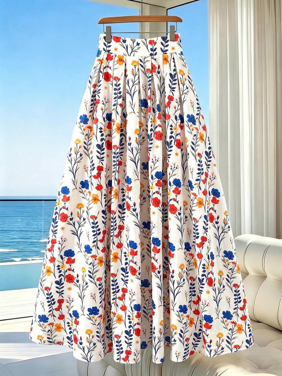 SHEIN Franclia Frischer pastoraler Stil, bunter floraler Muster, hochtaillierter Midi-Rock, Urlaubsoutfits für Frauen, Sommeroutfits für Frauen - Verschiedenfarbig - Übersicht 1