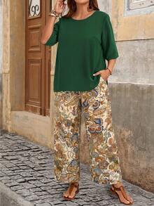 EMERY ROSE Plus Size Women Vacation Solid Color Loose Shirt And Botanical Print Wide Leg Pants 2 Pieces Set Summer Emerald Green Beige Boho Bohemian - Green - View 5