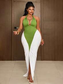 Maweii Plus Size Sexy Halter Neck Knit Color Block Bodycon Party Date Night Dress With Slit White Summer - Multicolor - View 4