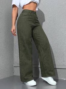 Jeanoix 大码女式黑色无弹力修身直筒牛仔裤，春季穿搭 - 軍綠色 - 查看 6