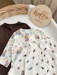 SHEIN Bộ 3 món áo liền quần dài tay dệt kim họa tiết hoa nhí dễ thương cho bé gái sơ sinh - Màu Khaki - Xem 3