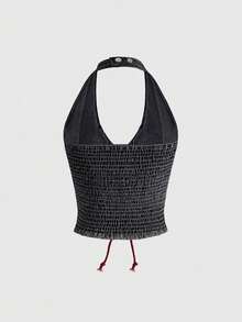 ROMWE Avant Áo thun denim ngắn tay gợi cảm Y2K phong cách ba lê cổ điển dành cho nữ, có logo thêu, buộc dây, cạp thấp - màu đen - Xem 2