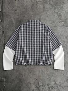 AXEPEAK Men's Faux Two-Piece Long Sleeve Button-Front Plaid Casual Shirt - Navy Blue - View 2
