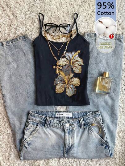 Divinelle Top de tirantes con estampado de bordado falso, estilo minimalista casual, 95% algodón, versátil para el verano